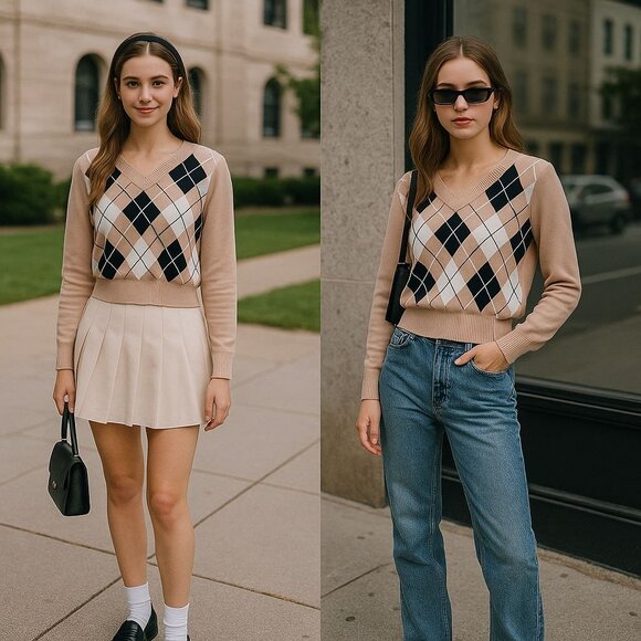 Argyle V-Neck Sweater SHEIN Womens Beige & Black Knitted 8 Light Academia Preppy - Picture 1 of 11